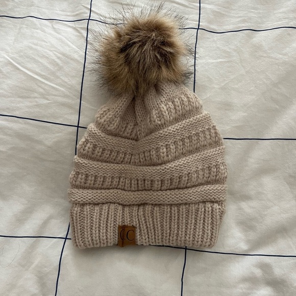 C.C Accessories - Cozy Knit Pom-Pom Beanie - Tan